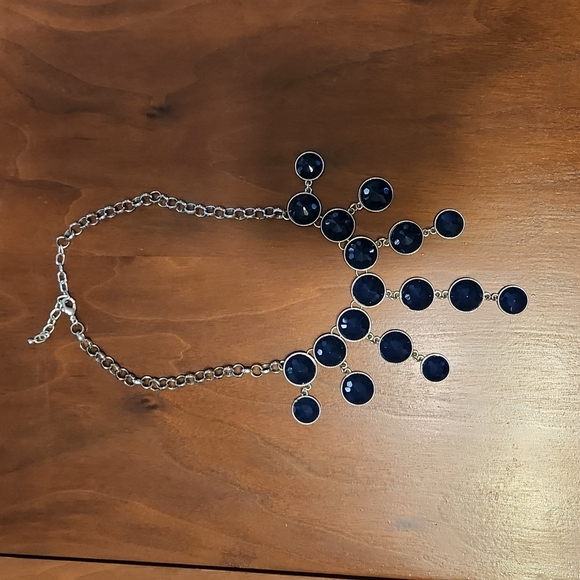 Navy blue bubble drop silvertone necklace - Picture 2 of 2